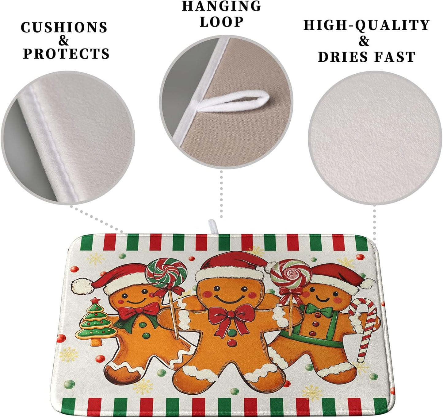 Christmas Dish Drying Mat Gingerbread Man Candy Cane Xmas Tree Drying Mats for Kitchen Counter Winter Holiday Dish Drainer Pad Absorbent Microfiber Dish Draining Mat 18x24 Inch