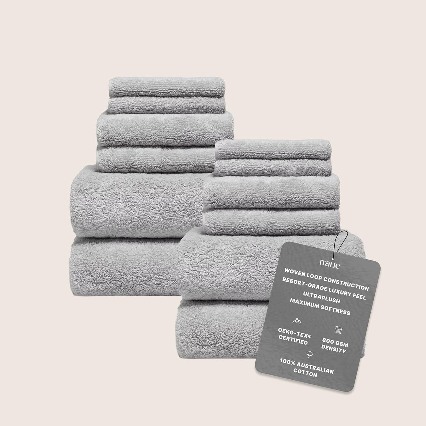 Italic Ultraplush 12-Piece Family Towel Set – Luxury Bath Towels, Hand Towels & Washcloths – Plush, Quick Dry 800GSM 100% Australian Cotton for Bathroom & Spa (Light Gray)