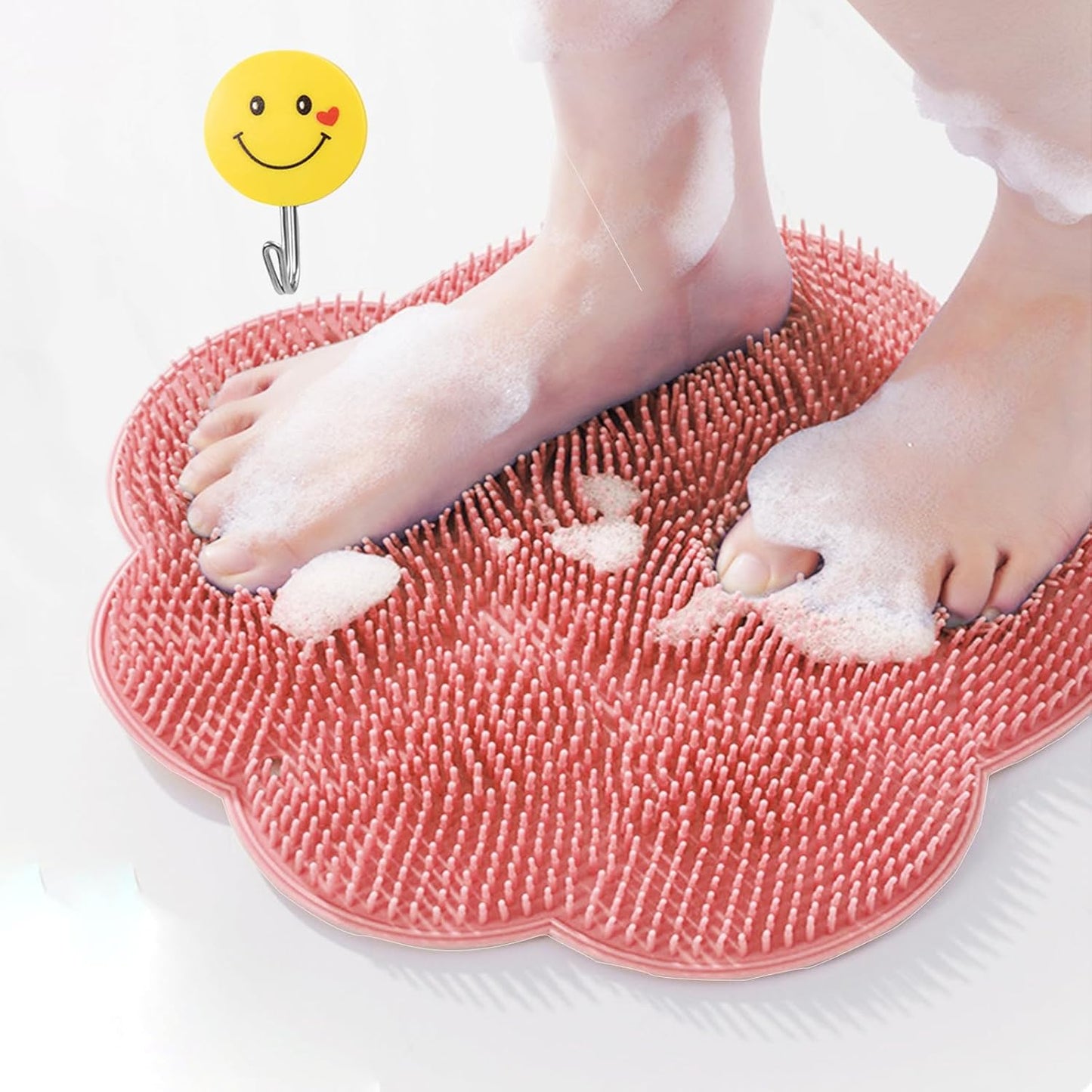 Foot Scrubber in Shower,Shower Foot Scrubber Mat,Silicone Body Scrubber with Suction Cups,Bath Feet Scrub Mat with Storage Hook(Pink)