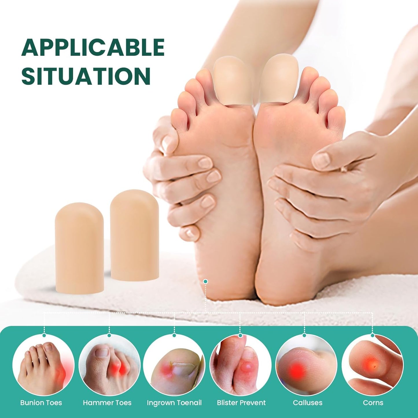 Welnove Gel Toe Cap and Protector - Silicone Toe Covers - Toe Cushions for Pain Relief, Missing or Ingrown Toenails, Corns, Calluses, Blisters (8 Large, Beige)