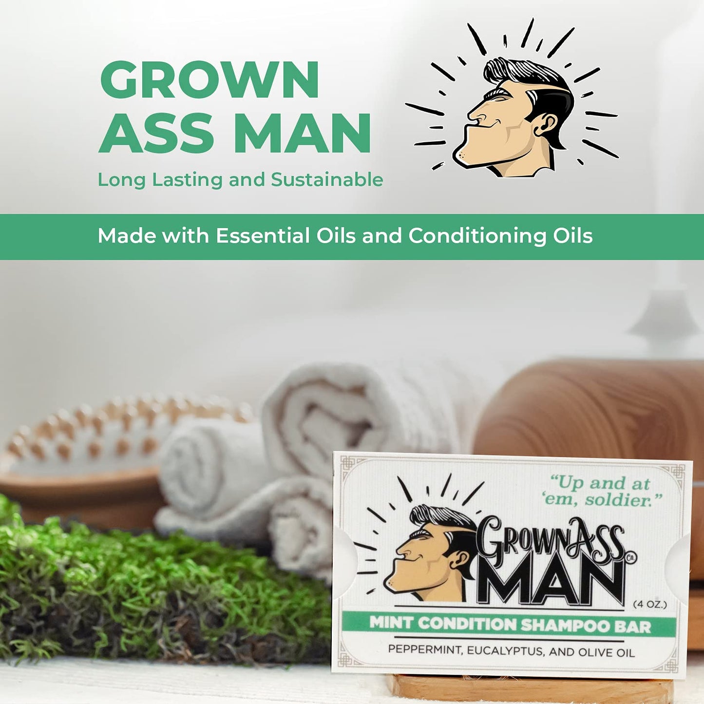Grown Ass Man Co. - Solid Shampoo Bar Rich Lather 3 in 1: Hair, Beard & Body Wash - Plastic Free & Eco-Friendly, Natural & Organic Clean for All Hair Types, 4oz Bar (Mint Condition, Single)