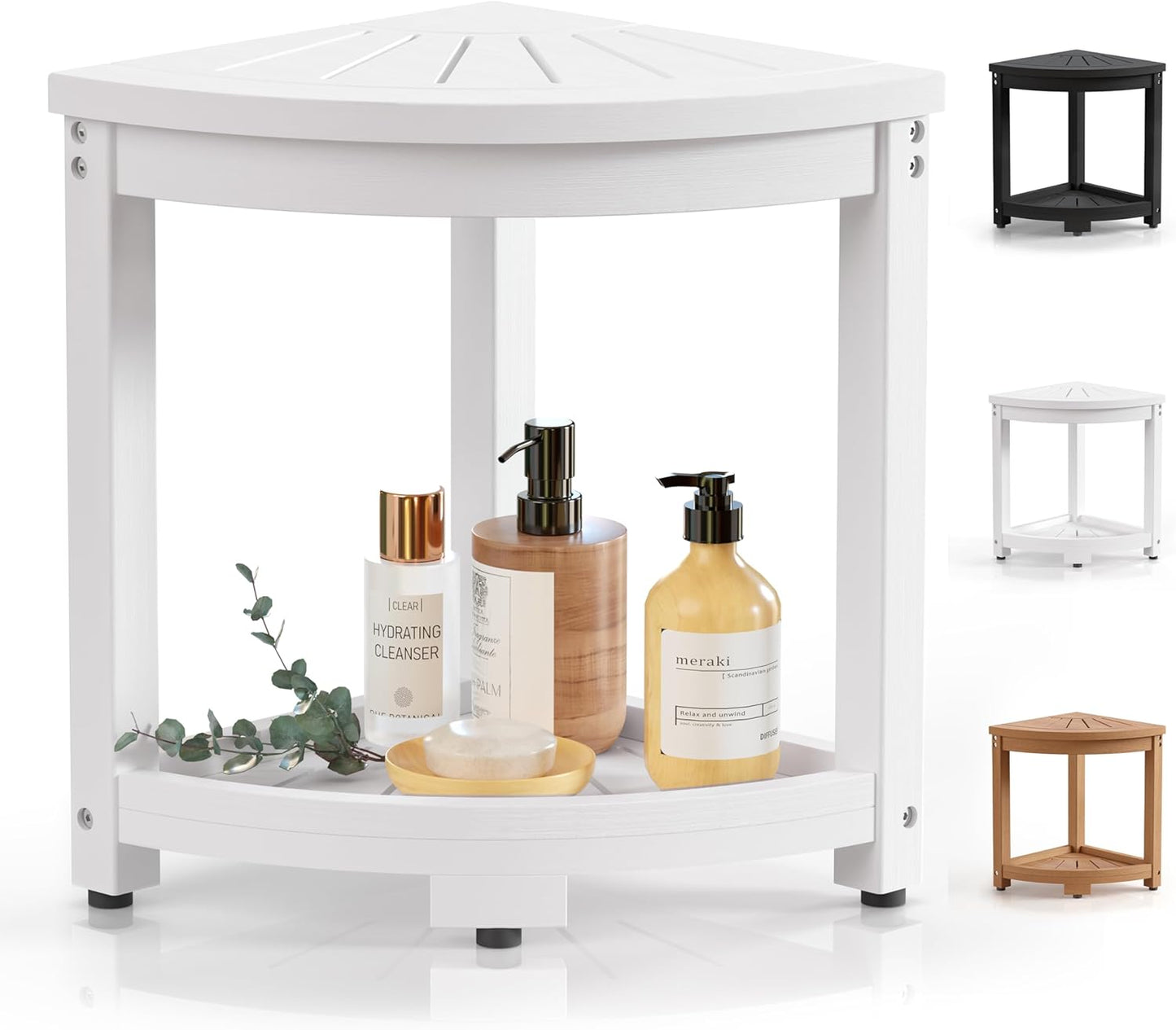 Corner Shower Stool for Inside Shower, HIPS Waterproof Shower Bench Seat Chair, Plastic Bath Shower Stool for Shaving Legs Foot Rest with Storage Shelf, Adjustable & Non-Slip Feet, White