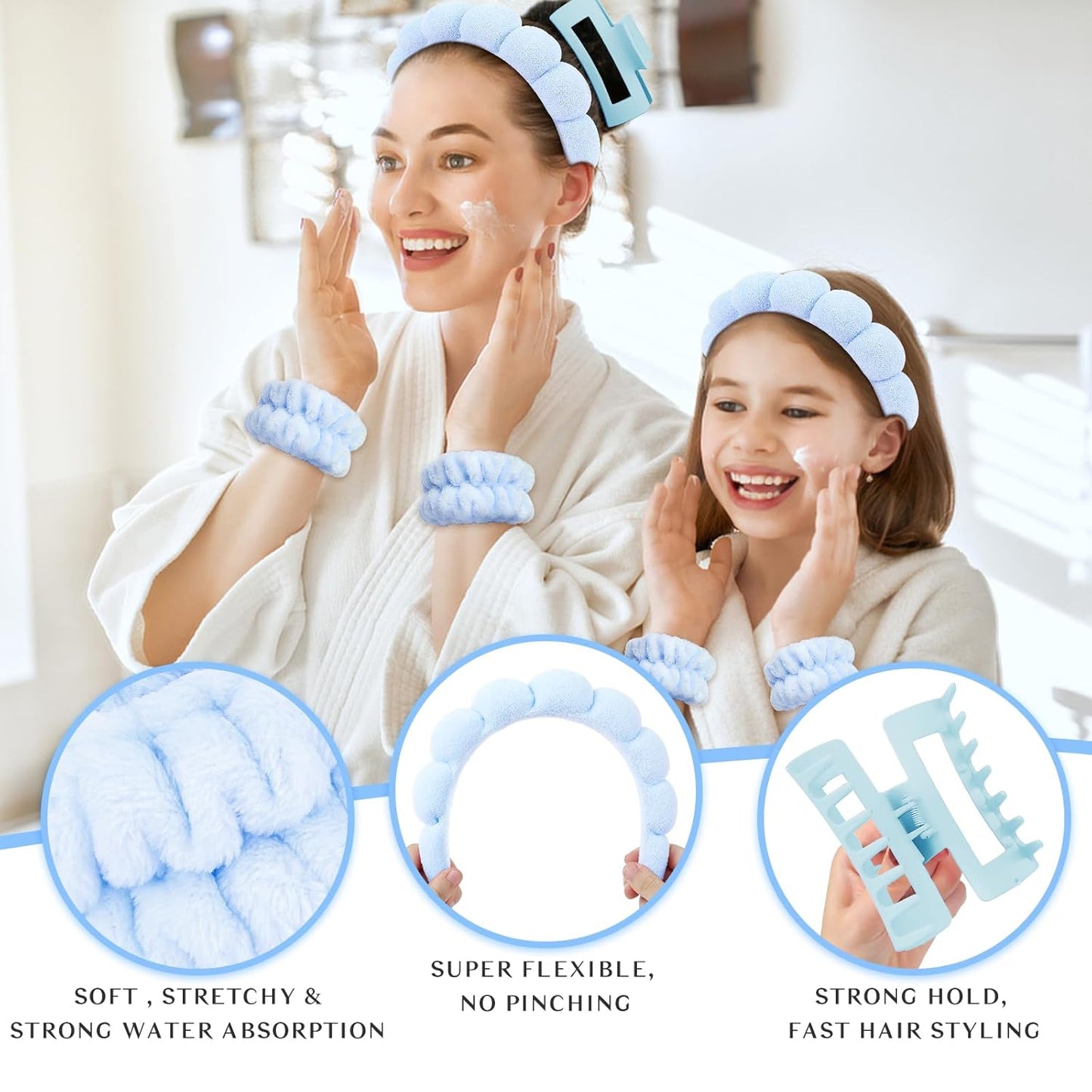 Wecoe Spa Headband And Wristband Set Skincare Headband For Washing Face Hair Claw Clips For Thick Hair Cute Blue Puffy Sponge Makeup Bubble Head Band Wrist Towels Scrunchies For Women Girls