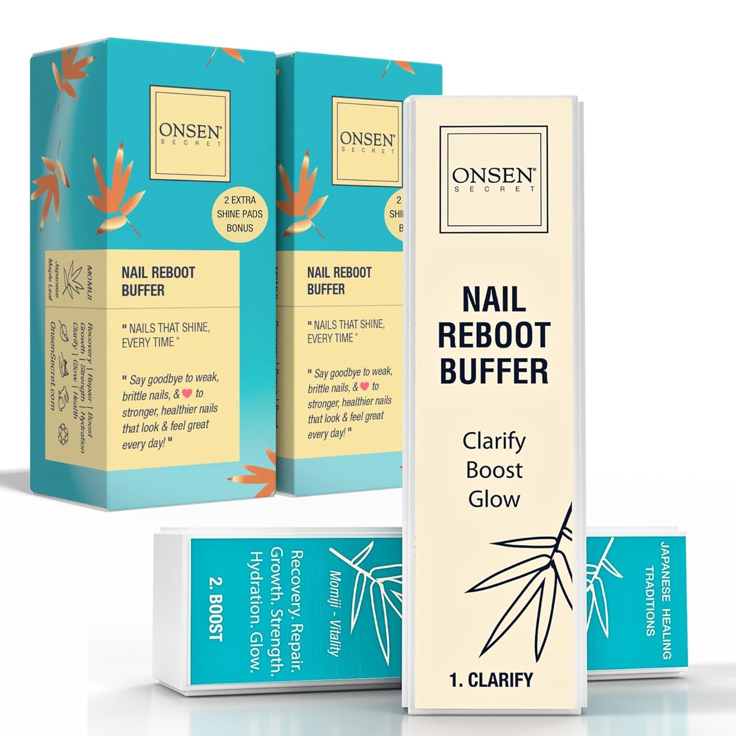 Onsen Secret Professional Nail Buffer Block | 4-Way Buffing for Natural Shine & Healthy Natural Nails - Includes 2 Extra Shine Pads, Salon-Quality, Post-Gel & Acrylic Recovery | 2 Pack