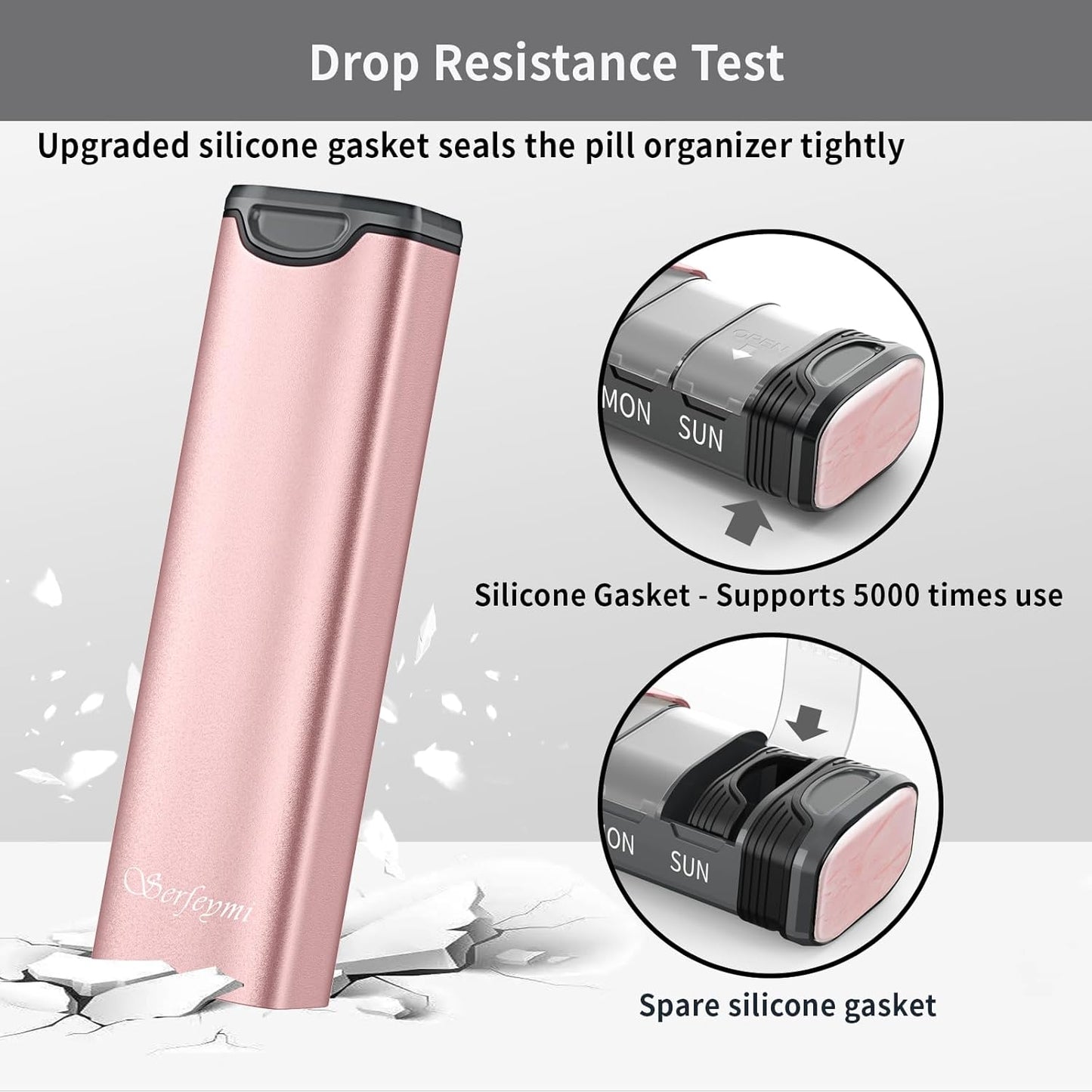 Metal Weekly Pill Organizer, Serfeymi Aluminum Daily Pill Box(Spare Gasket Provided),7 Day Pill Case Travel Medicine Organizer,Pill Containers with Individual Lid for Vitamins,Pills, Supplement-Pink