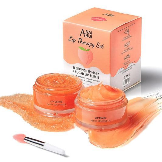 ANAI RUI Lip Care Kit - Mask & Scrub Set, Gift for Mother Girls, Overnight Treatment With Sleeping Mask & Sugar Exfoliator, Moisturizer for Dry, Chapped, Dark Lips, Peach