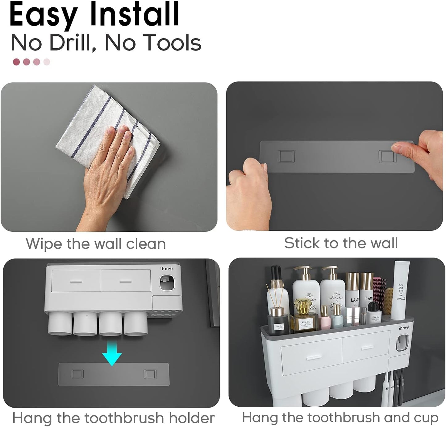 iHave Toothbrush Holders for Bathrooms, 4 Cups Toothbrush Holder Wall Mounted with Toothpaste Dispenser - Large Capacity Tray, 2 Cosmetic Drawer - Bathroom Organizer & Bathroom Accessories Set