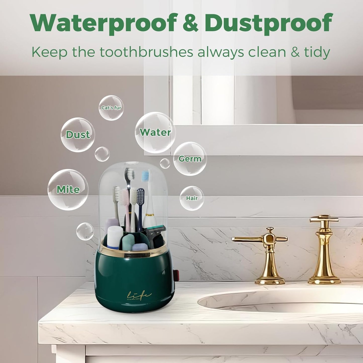 Toothbrush Holders for Bathrooms, Rotating 7 Slots Toothbrush Holder with Cover, Kids Electric Toothbrush and Toothpaste Holders for Caddy for Bathroom Vanity, Sink, Countertop, Dark Green