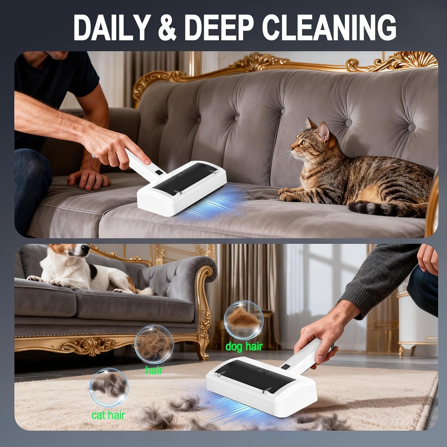 Electric Pet Hair Remover for Dogs & Cats, Rechargeable Lint Roller with Adjustable Handle, Portable Hair Cleaner for Sofa, Carpet, Bed, Car, Multi-Surface Fur Removal Tool (White, Electric)