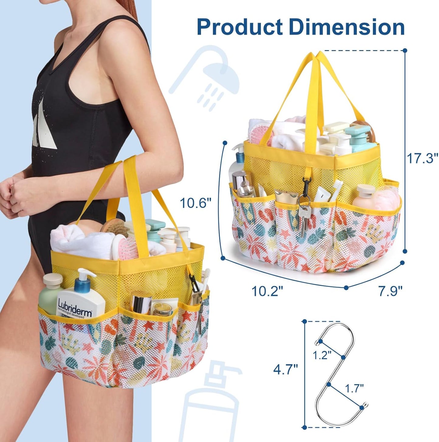 F-color Shower Caddy Portable - Mesh Shower Bag Basket Tote for College Dorm Room Essentials Bathroom Gym Camp Quick Dry for Women Men with S Hook, Yellow Beach