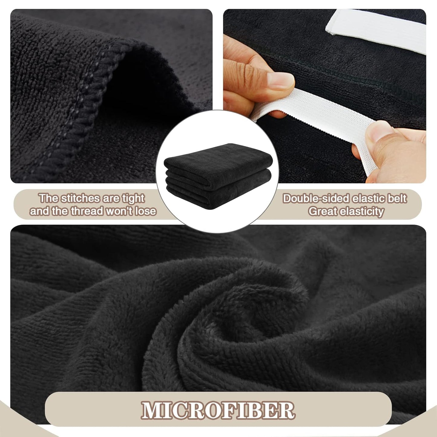 SUNLAND Microfiber Hair Towels Anti Frizz Hair Drying Towel Super Absorbent Fast Drying Turbans for Wet Curly Hair Soft Hair Towel Wrap with Elastic Band for All Hair Types 40 X 20 inches 2Pack Black