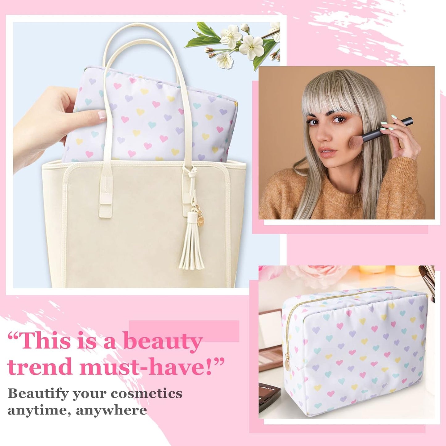 Nylon Large Makeup Bag Travel Cosmetic Bag Pouch, Big Preppy Makeup Bag Cute Cosmetic Zipper Pouch Purse, Waterproof Toiletry Bag Clutch Makeup Organizer Travel Essentials for Women Girl(White-Heart)