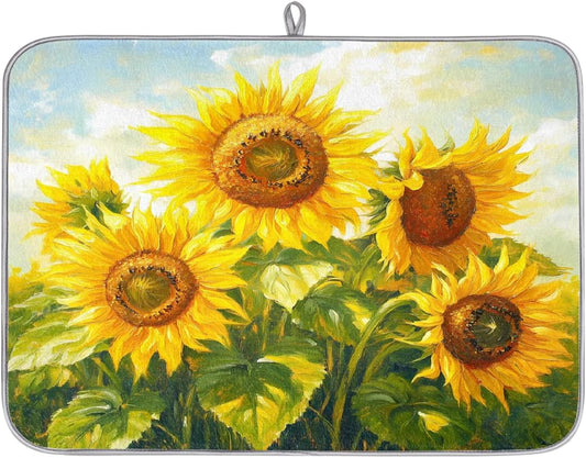 Dish Drying Mat Oil Painting Yellow Sunflowrs Large Drying Mat for Kitchen Counter 18x24in Absorbent Dish Drainer Rack Pad, Heat Resistant Coffee Bar Mats Countertop Protector