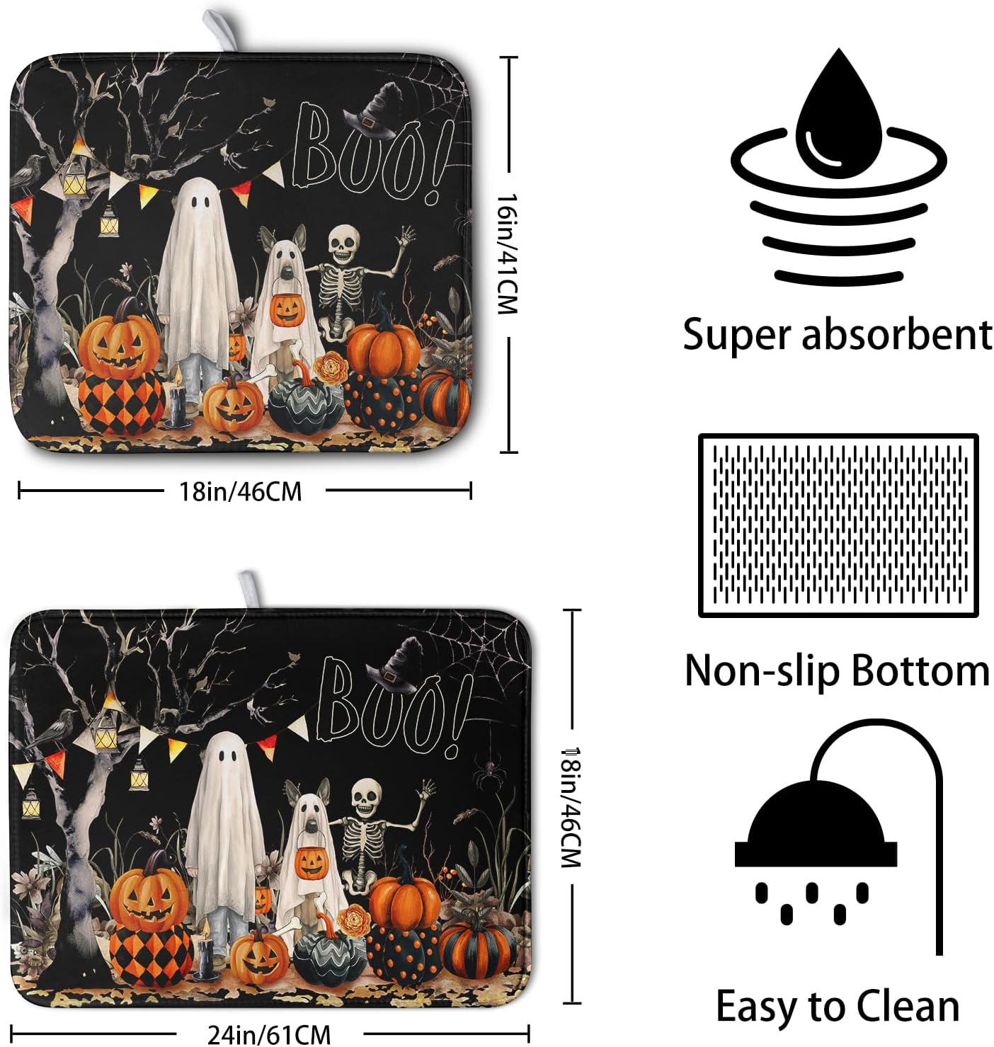 Halloween Dish Drying Mat for Kitchen Counter 16x18 Inch Black Ghost Pumpkins Dog Boo Skull Dishes Drainer Mats Absorbent Microfiber Washable Dish Draining Pad for Sink Coffee Bar
