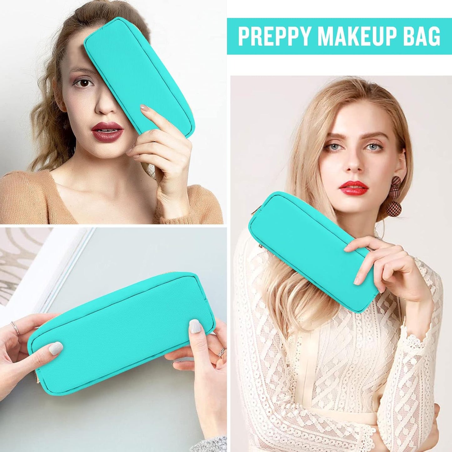 izuzta Nylon Small Makeup Bag Slim Pouch, Preppy Cute Makeup Brush Case Bag Cosmetic Zipper Pouch for Purse, Waterproof Travel Toiletry Bag Clutch Coin Pouch Makeup Organizer for Women Girls(Mint)