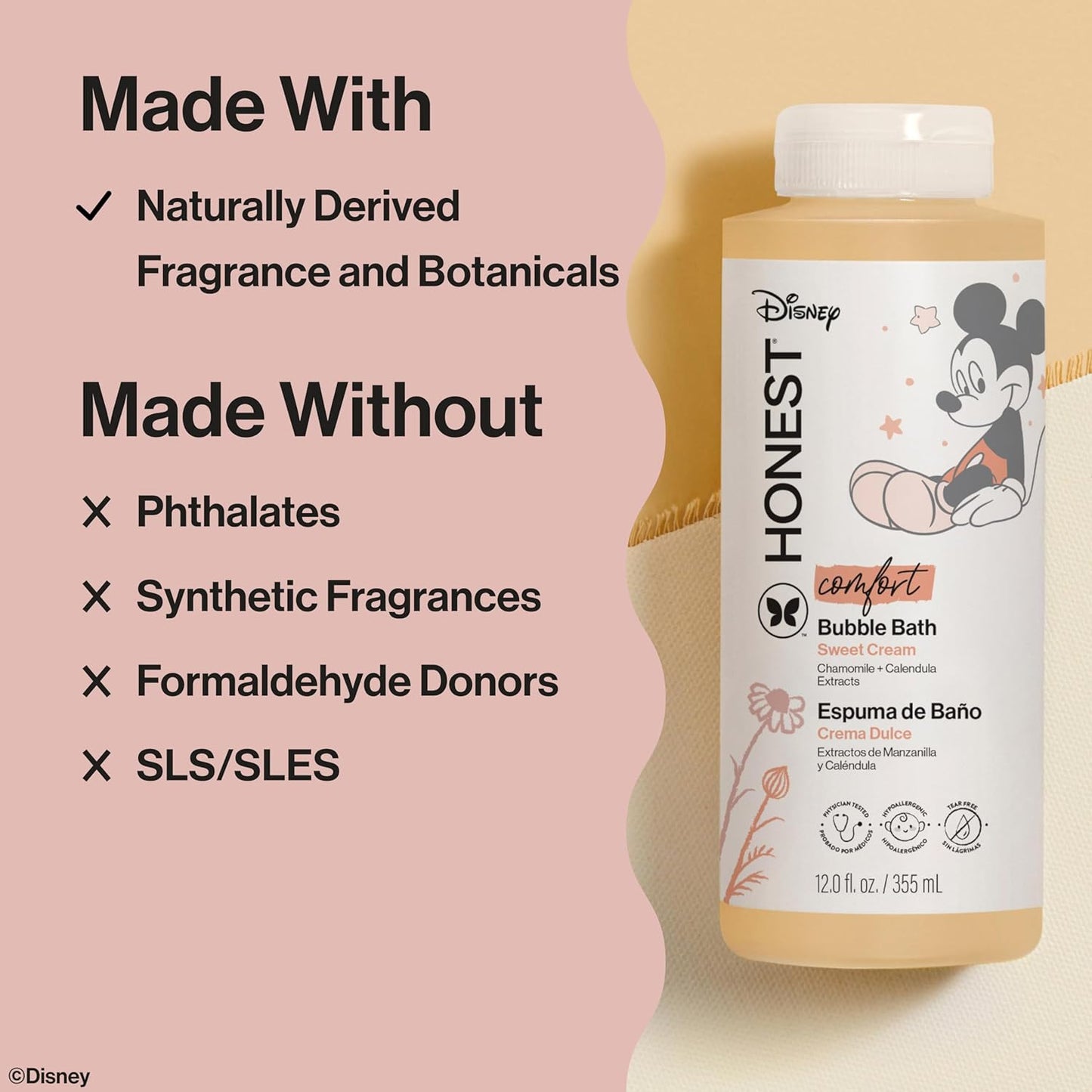 The Honest Company Foaming Bubble Bath | Gentle Enough for Baby | Dermatologist Tested, Tear-Free, Hypoallergenic | Disney’s Mickey Mouse Comfort Sweet Cream, 12 fl oz