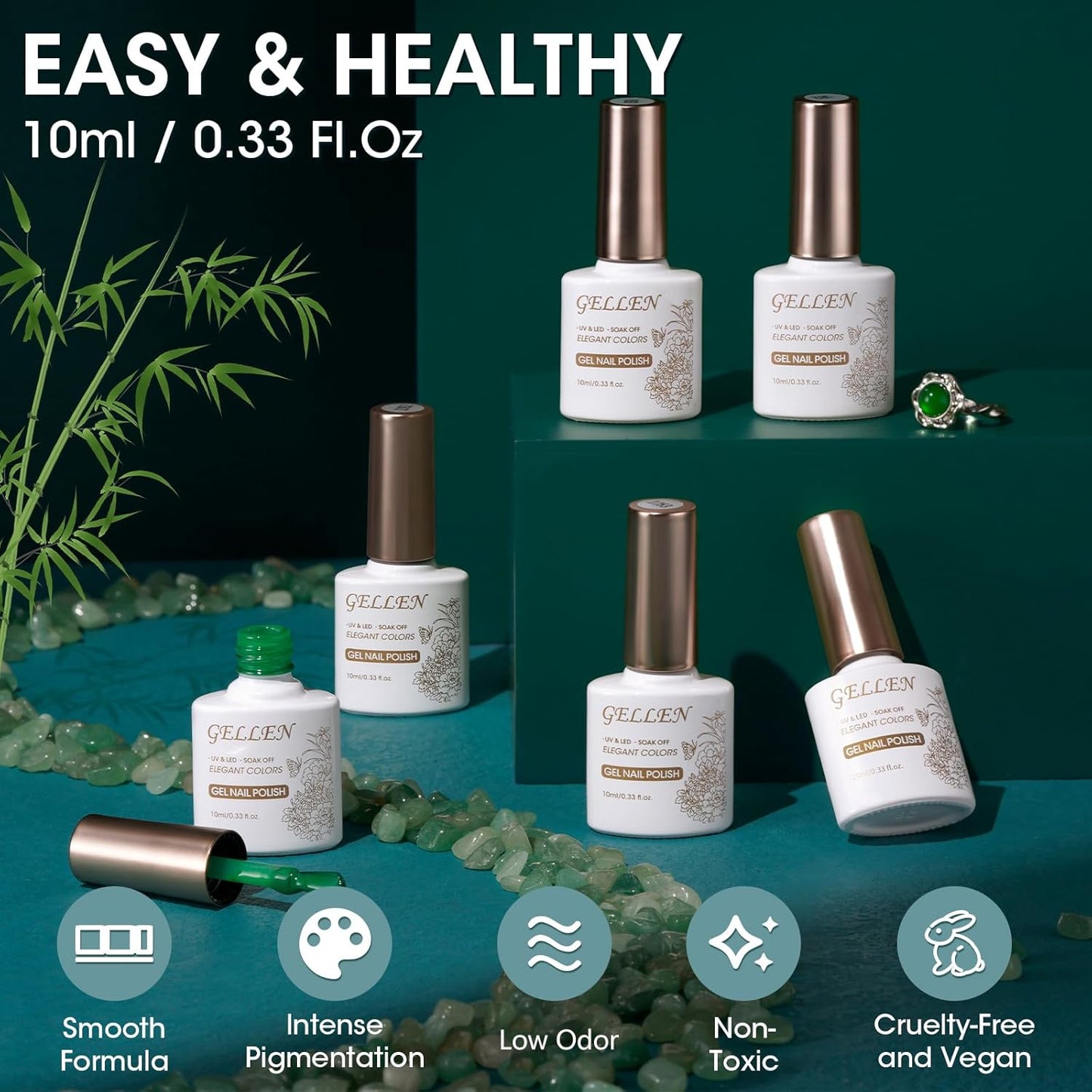 GELLEN Green Jelly Gel Nail Polish, Sheer Glass Jade Emerald Glass Ice UV Light Gel Polish, Transparent, No Wipe, Soak Off, Long Lasting Glossy, 6 Colors for Women Girls Manicure Salon Home