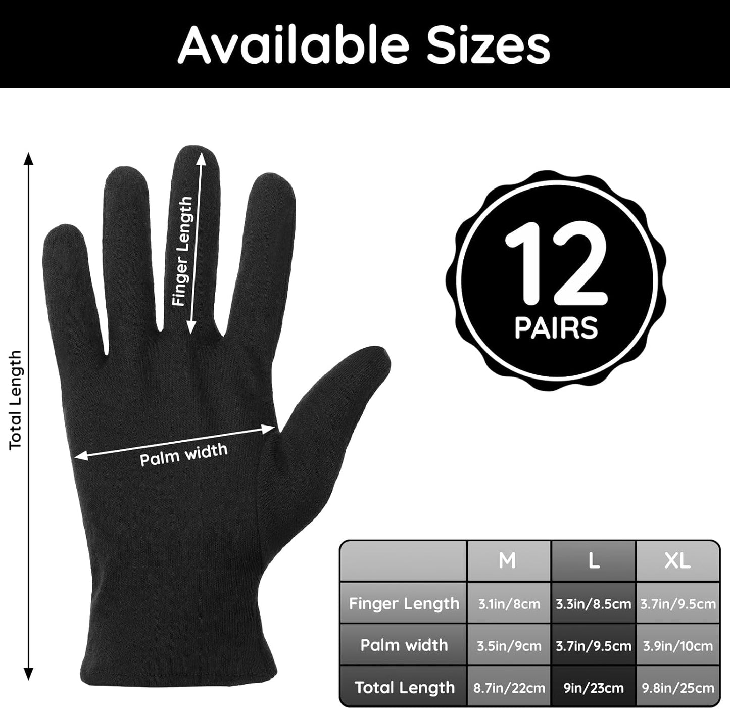 Segbeauty 24 Counts Black Cracked Hand Moisturizing Cotton Gloves for Dry Hands Overnight, 12 Pair Lotion Sleep Cotton Gloves, At Home Spa Sleeping Glove Liners Driving Inspection Work Glove Men Large