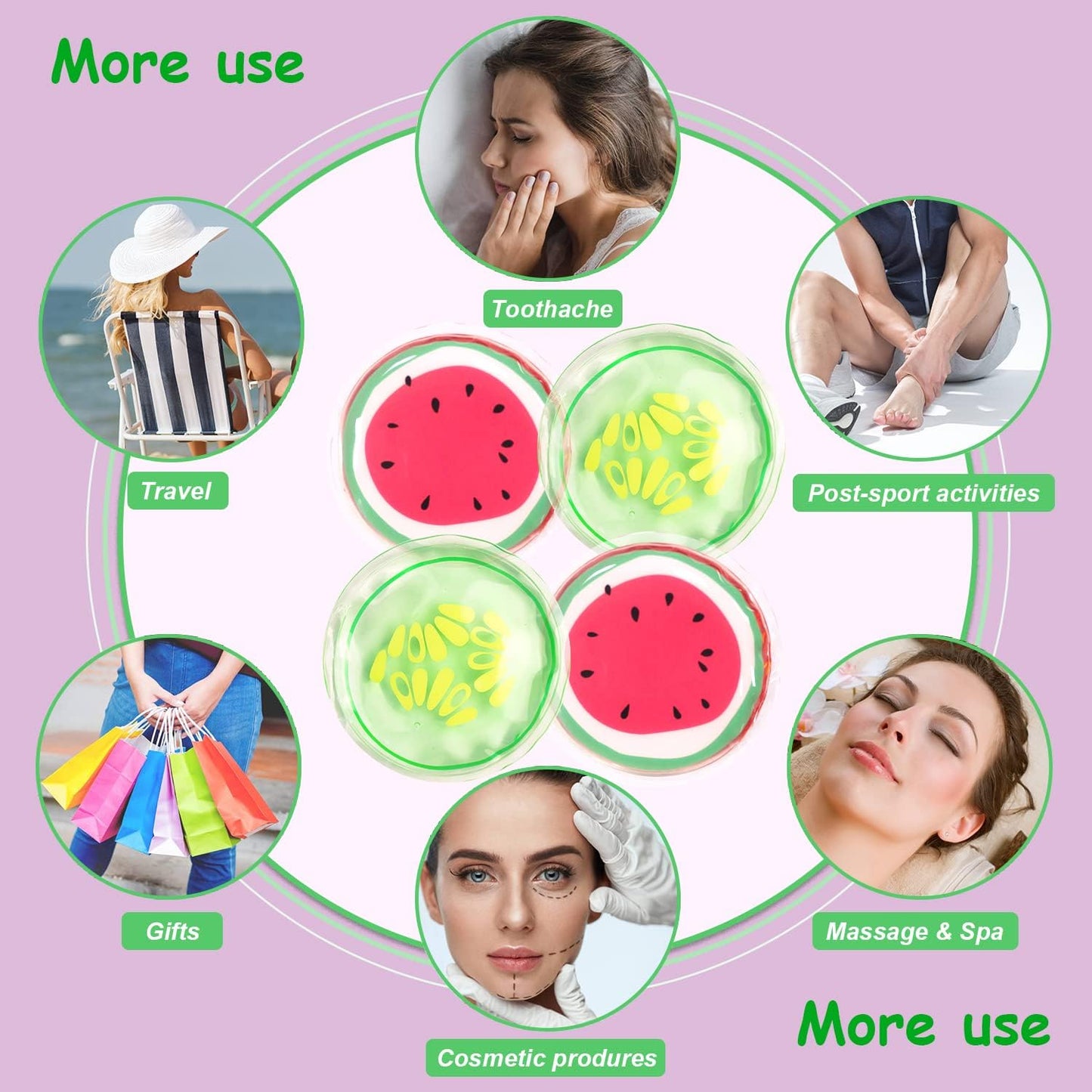 Hot and Cold Eye Pads, reusable eye patches - Soothing, Revitalizing, Puffiness, Refresh, Relieves Stress, Relax, Relieves Puffiness and Tension(2 watermelons + 2 cucumbers)
