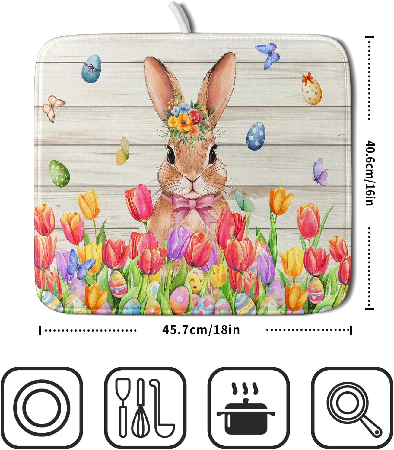 Easter Bunny Dish Drying Mat 16x18 inch Eggs Floral Fast Drying Pad Washable Reversible Microfiber Dish Drainer Mats for Kitchen Counter