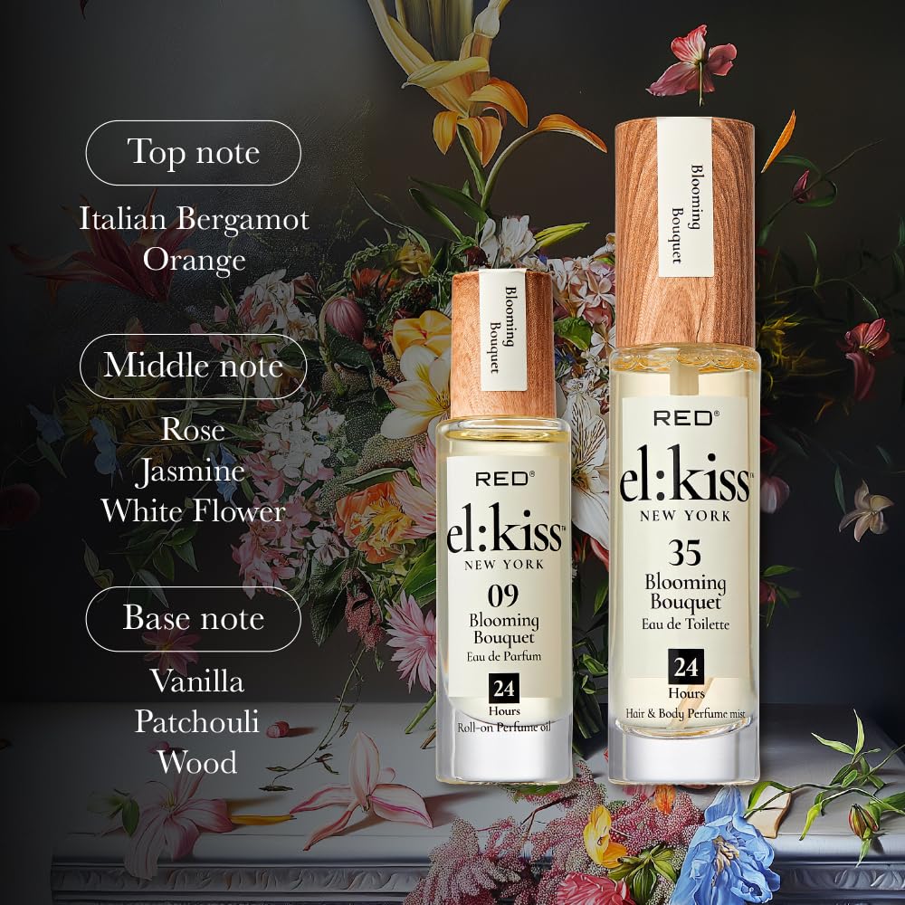 EL:KISS Hair Perfume & Body Mist, Blooming Bouquet Inspired by Miss D. Eau de Toilette 30mL (1.01 Fl Oz), Hydrating & Long-Lasting, Alcohol & Mineral Oil-Free, With Jojoba, Argan Oil & Aloe Vera