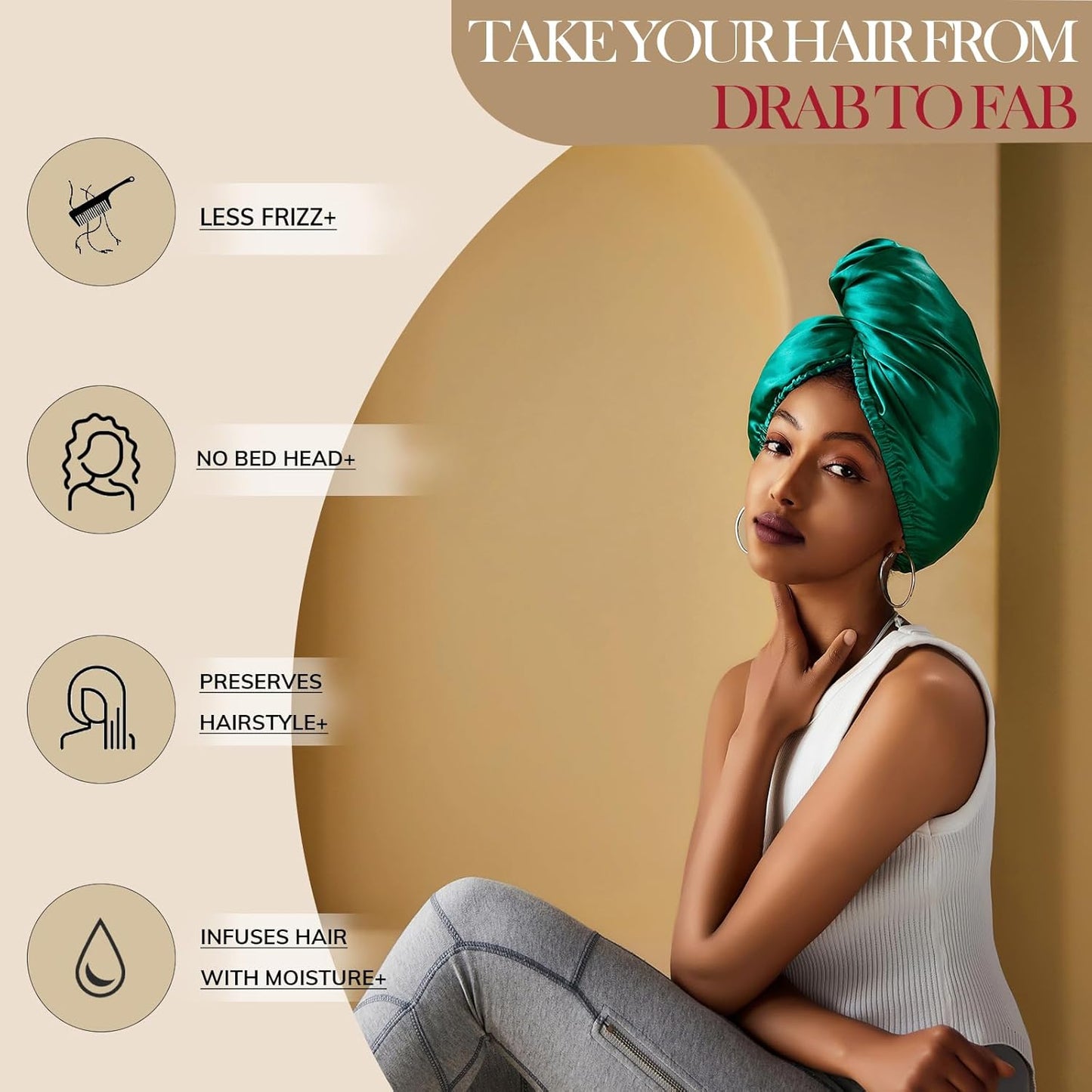 PROMEED Long Silk Hair Turban with Hyaluronic Acid Infusion, 100% 23 Momme Mulberry Silk Bonnet Hair Wrap for Sleeping