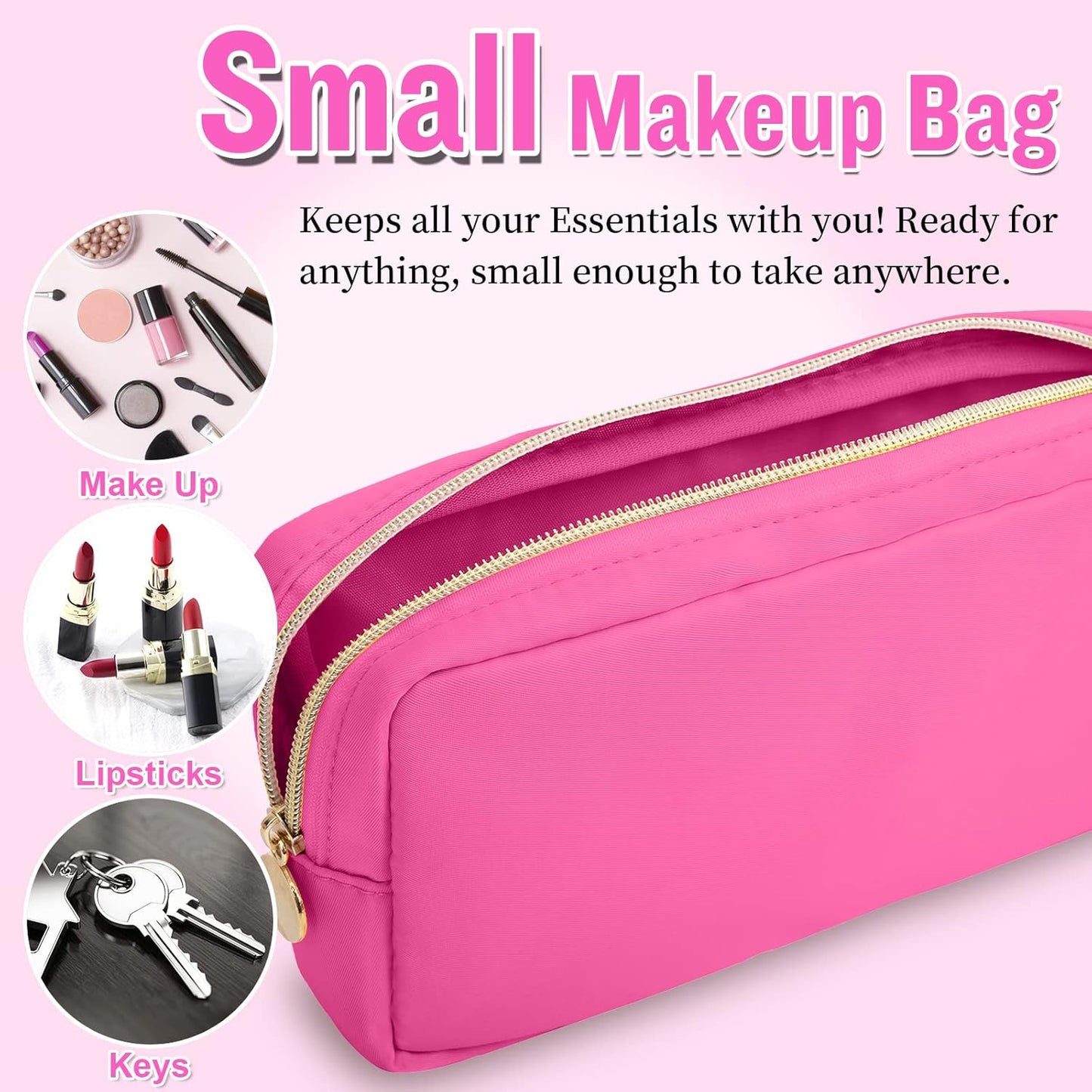 Nylon Small Makeup Bag for Purse, Cute Preppy Makeup Bag Cosmetic Zipper Pouch Purse, Waterproof Portable Travel Toiletry Bag Clutch Makeup Brush Bag Organizer Storage for Women Men Girls(Hot Pink)