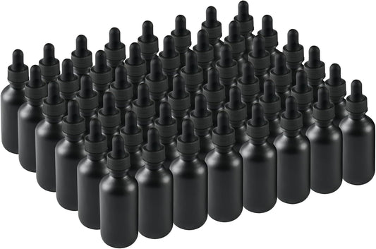 BILLIONSTARS 48 Pack 2oz Glass Boston Round Bottle with Graduated Calibrated Glass Pipettes - Black Frosted - Tincture Bottles for Essential Oils, Liquids - Leakproof Travel Bottles