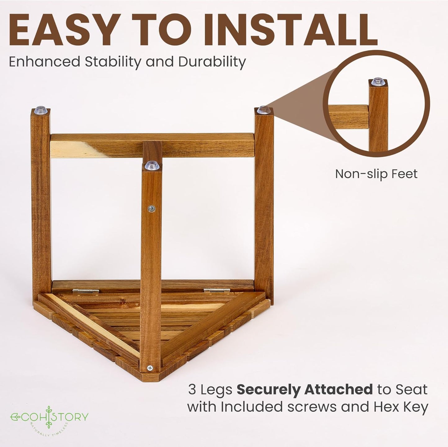 Eco History Shower Stool for Shaving Legs – 12 Inch Natural Acacia Shower Wooden Stool – Corner Foot Rest with Non-Slip Rubber Feet – Bench Seat Bathroom Organizer – Folding Design