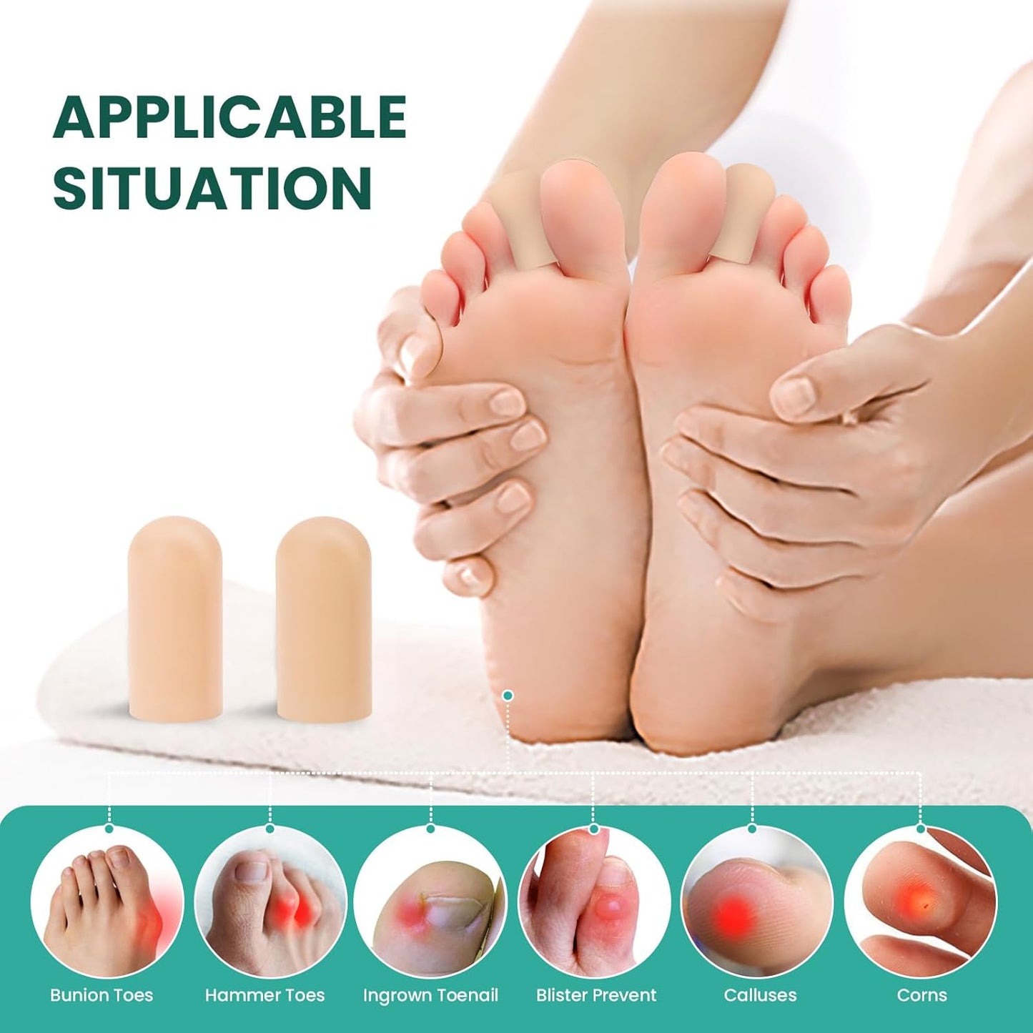 Welnove Gel Toe Cap and Protector - Silicone Toe Covers - Toe Cushions for Pain Relief, Missing or Ingrown Toenails, Corns, Calluses, Blisters (8 Medium, Beige)