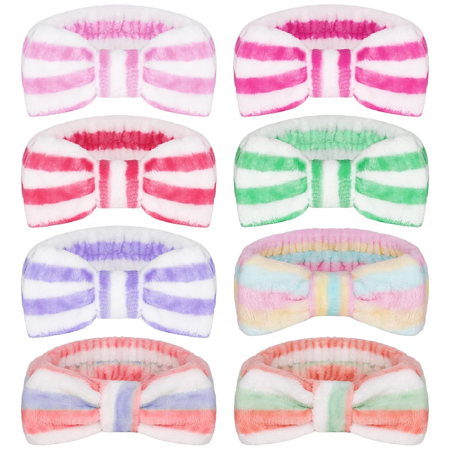 Ondder 8 Pcs Striped Spa Headband, Fuzzy Skincare Headbands for Women - Multipurpose Hair Band for Washing Face, Makeup, Facial, Yoga - Fleece, Terry Cloth, Microfiber, 8 Count Pack