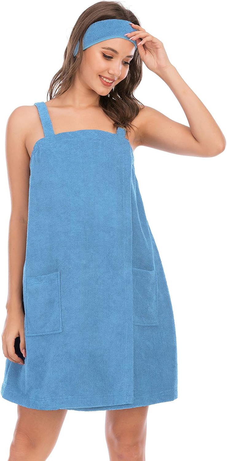 Veseacky Women Bath Wrap Towel for Womens Shower with Pocket Adjustable Spa Robe & Facial Headband