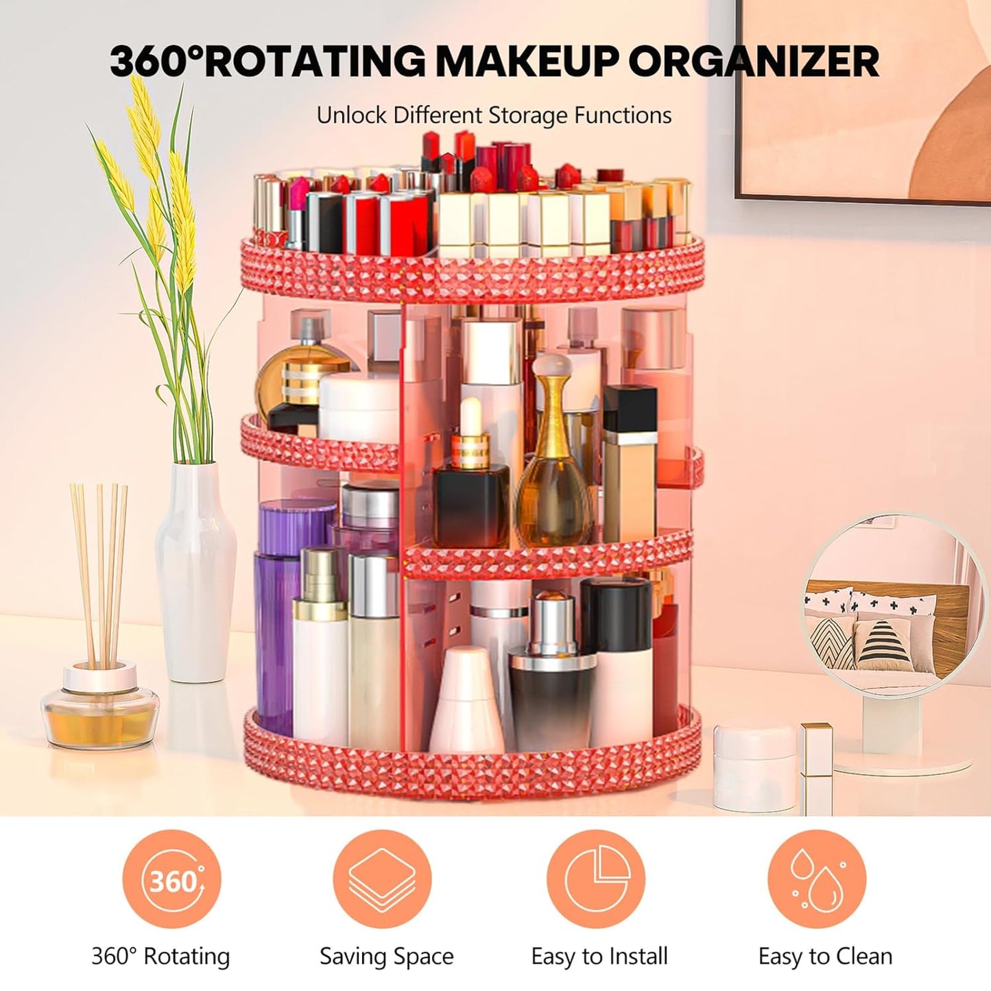 360 Degree Rotating Makeup Organizer, Extra Large Capacity Perfume Holder, Removable 7 Layers Cosmetics Organizer, Make Up Organizer For Countertop Storage Skincare or More (Pink)