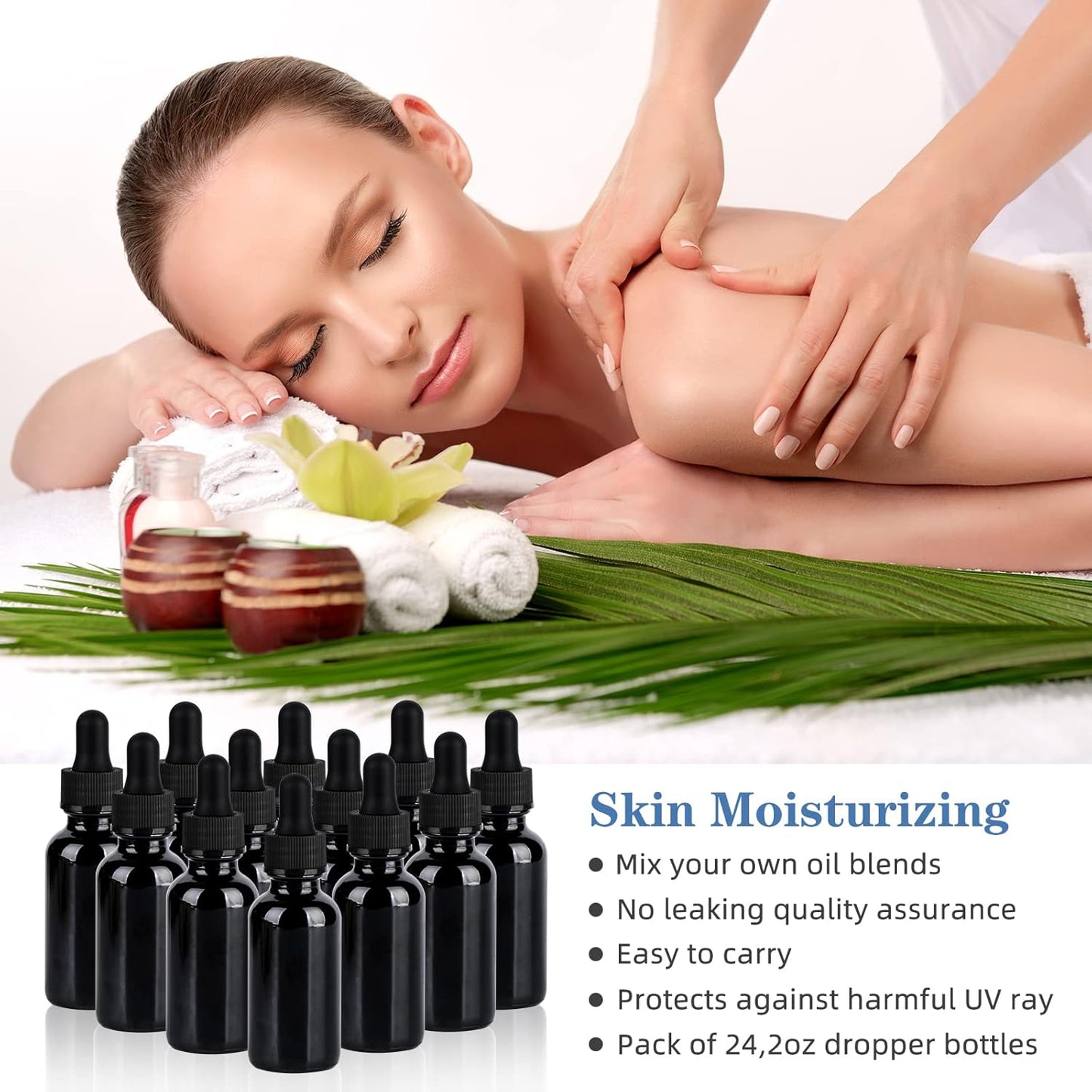 2 oz UV Resistant Dropper Bottle 24 Pack Black Glass Boston Bottles 60ml with Eye Droppers Black Caps for Essential Oils, Perfume, Leak Proof Travel Bottles for Liquids