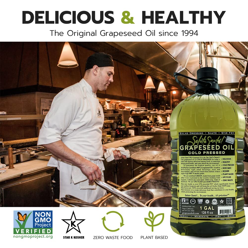 Cold Pressed Grapeseed Oil by Salute Sante! High Temperature Cooking, Healthy Grape Seed Oil, Non-GMO and Kosher for Salad Dressings, Marinades and Dips, Vegan, 1 Gallon, 4 Pack