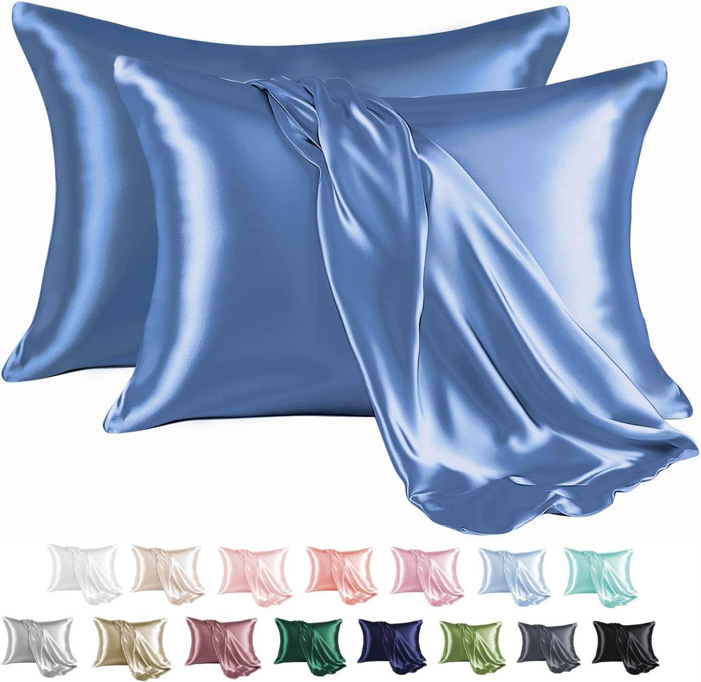 MR&HM Satin Pillowcase for Hair and Skin, Silk Satin Pillowcase 2 Pack, King Size Pillow Cases Set of 2, Silky Pillow Cover with Envelope Closure (20x40, Sky Blue)