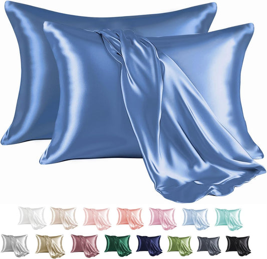 MR&HM Satin Pillowcase for Hair and Skin, Silk Satin Pillowcase 2 Pack, Standard Size Pillow Cases Set of 2, Silky Pillow Cover with Envelope Closure (20x26, Sky Blue)