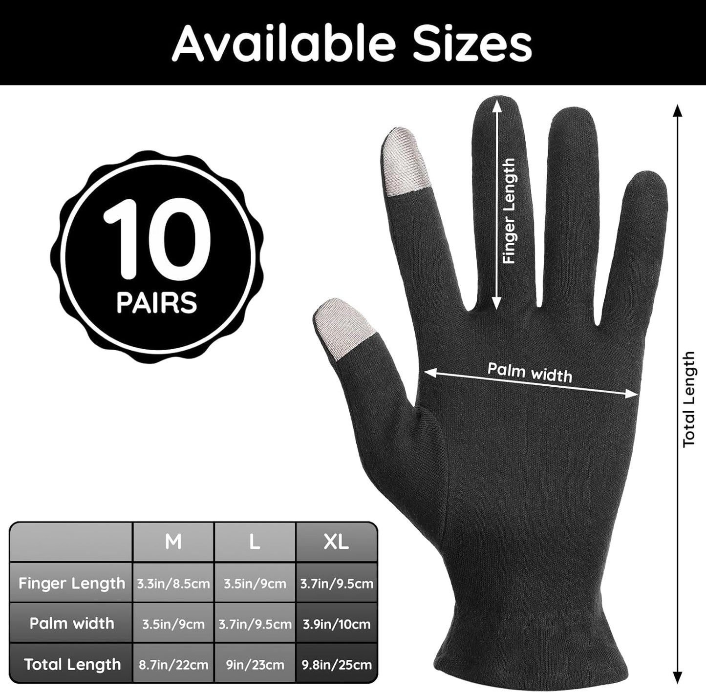 Segbeauty 20 Counts Elastic Touch Screen Black Lotion Gloves Overnight for Sleeping, 10 Pairs Moisturizing Cotton Gloves for Men with Elastic Band, Dry Hand Spa Gel Cotton Work Glove for Women Bulk