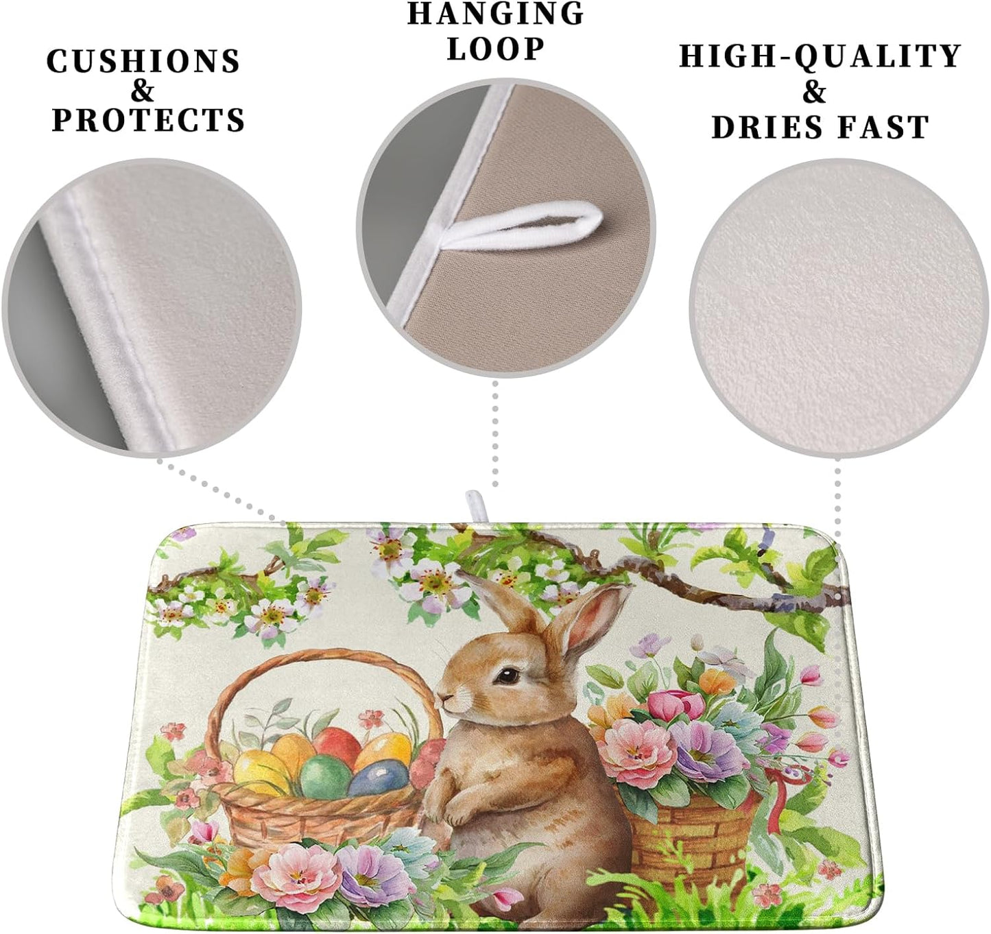 Easter Egg Bunny Dish Drying Mat for Kitchen Counter Floral Flower Basket Drying Mats Absorbent Dish Pad Spring Summer Holiday Large Dish Draining Mat 18x24 inch