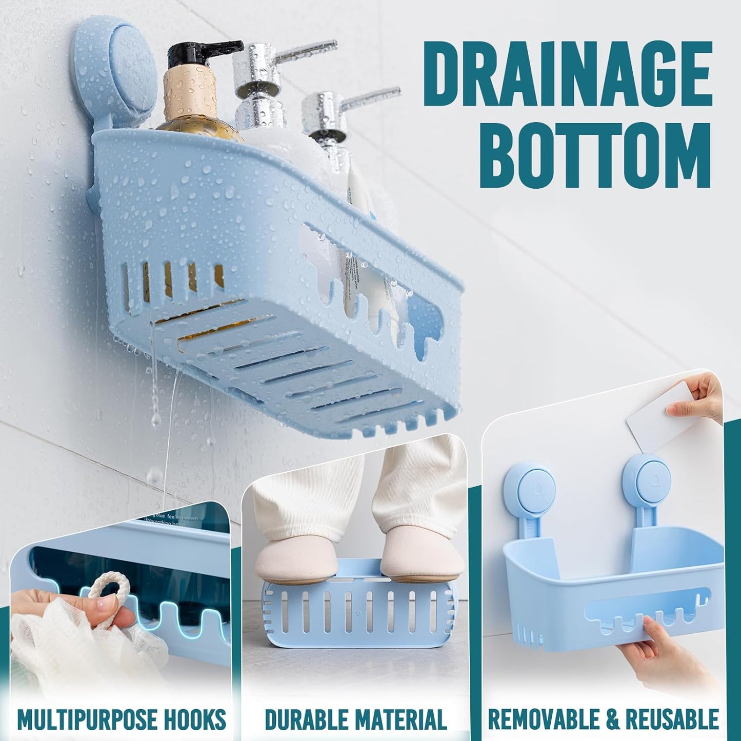 TAILI Shower Caddy Suction Cup, Heavy Duty Bathroom Organizer, Removable Shelves for Inside Shower, Shampoo, Waterproof Suction Plastic Storage for Bathroom Accessories Holder, Blue