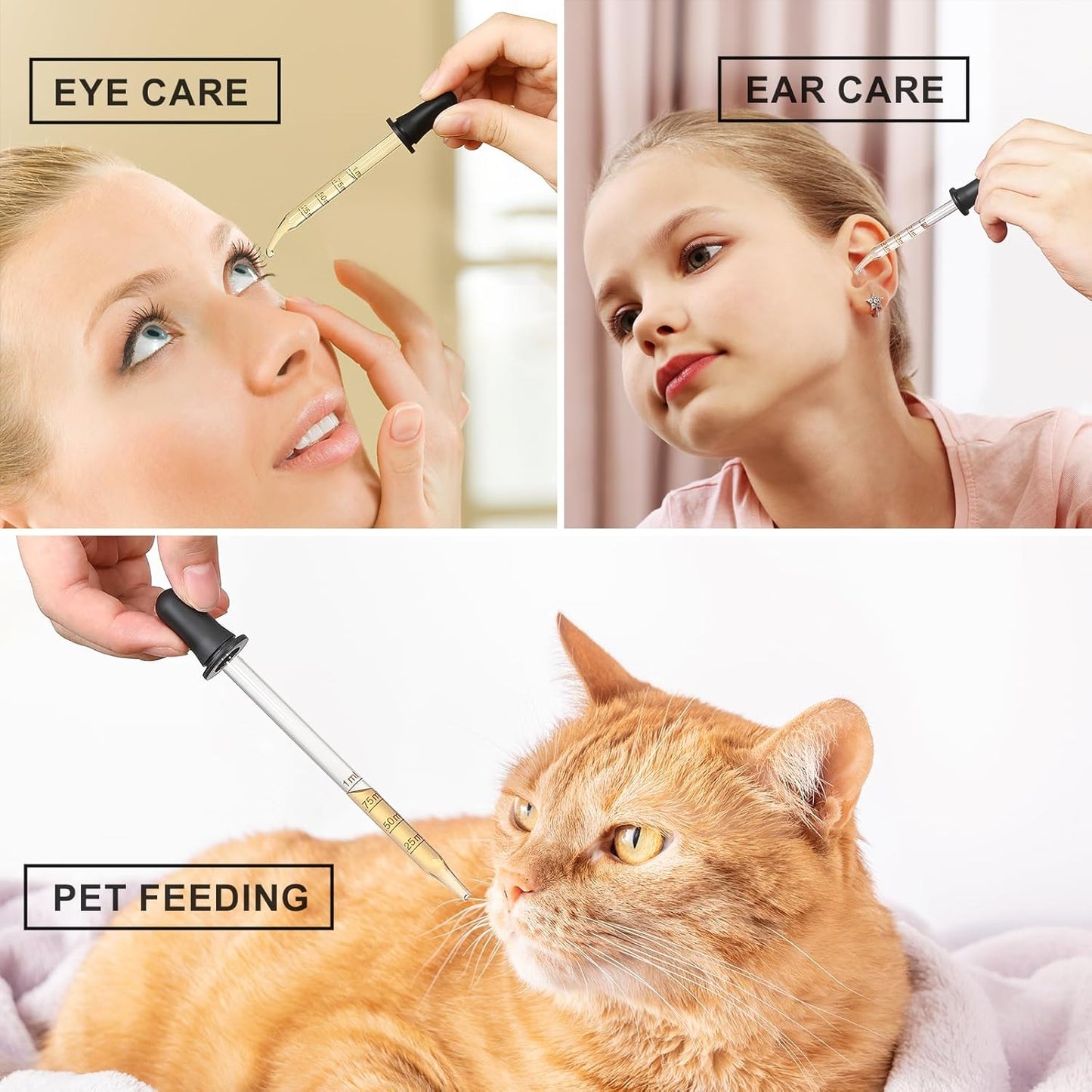 8 Pack, 1 mL Glass Eye Dropper with Measurement - Long & Short, Bent & Straight Tip Calibrated Glass Medicine Droppers, Accurate Dose Pipette Dropper for Essential Oils, Feeding, Ear, Lab, Health Care