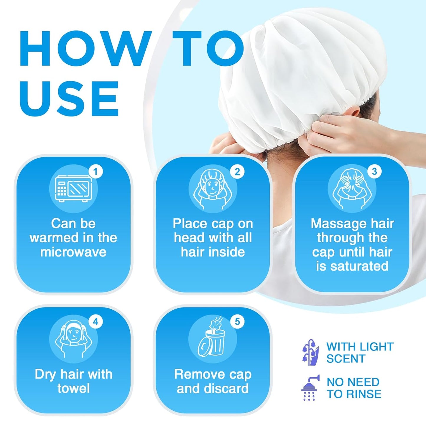 OK TAPE No Water Shampoo Caps (6 Pack) 3 Scents, Rinse Free Shower Cap for Elderly, After Surgery, Camping, Shampoo and Conditioner Hair Wash Cap (Jasmine, Vanilla and Bellflower Scents)