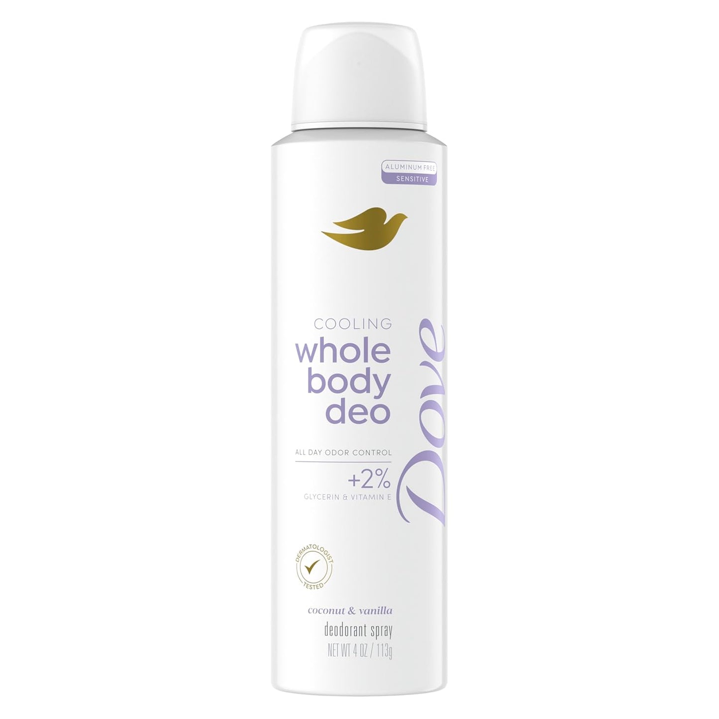 Dove Whole Body Deo Aluminum Free Invisible Spray Deodorant Coconut & Vanilla for 72h Odor Control 4 oz