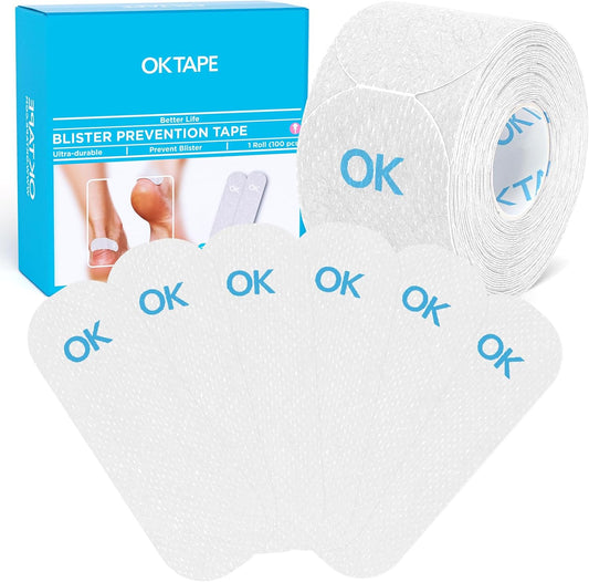 OK TAPE Pre-Cut Blister Bandages for feet | Blister Prevention Tape for Feet, Fingers, Toes | 1.2in x 3.5in,White,100pcs