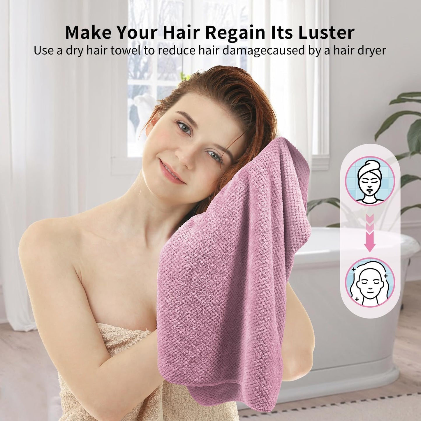 2 Pack Extra Large Microfiber Hair Towel, 37.4" x 26.4" Towel Wrap for Women, Super Absorbent & Quick Drying Hair Towel with Elastic Strap for Curly Long Hair