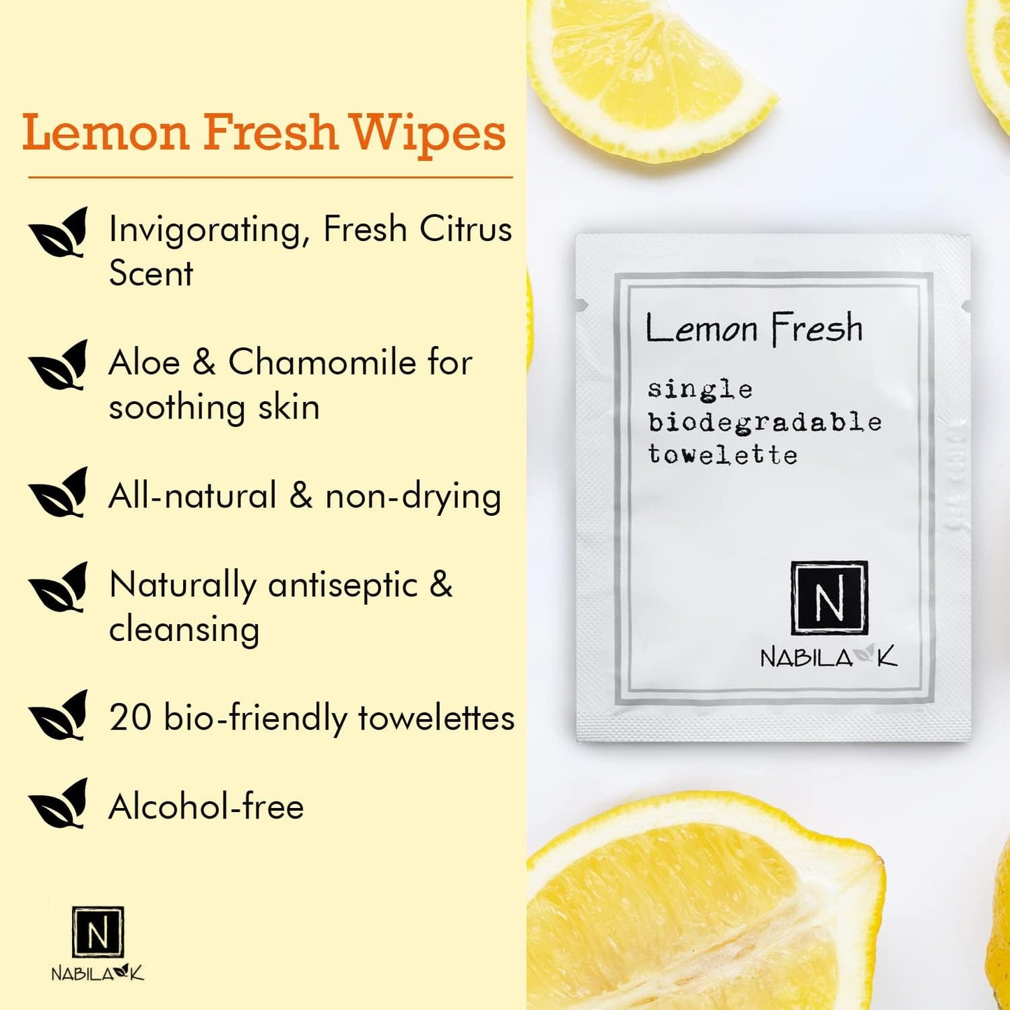 Lemon Fresh Scented Moist Towelettes Single Use by Nabila K - Alcohol-Free, Plant-Based with Natural Ingredients - Individually Wrapped Disposable Travel Size Wipes with Bamboo Case - 20 Count