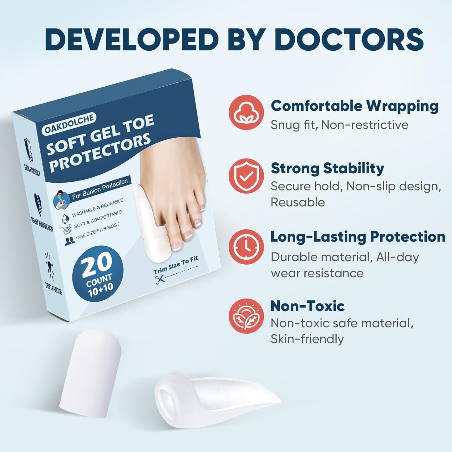 20 Count Bunion Pads & Toe Protector Set, 10P Toe + 10P Bunion Protectors, Soft Gel Toe Cap for Foot Pain Relief, Friction & Pressure Protection