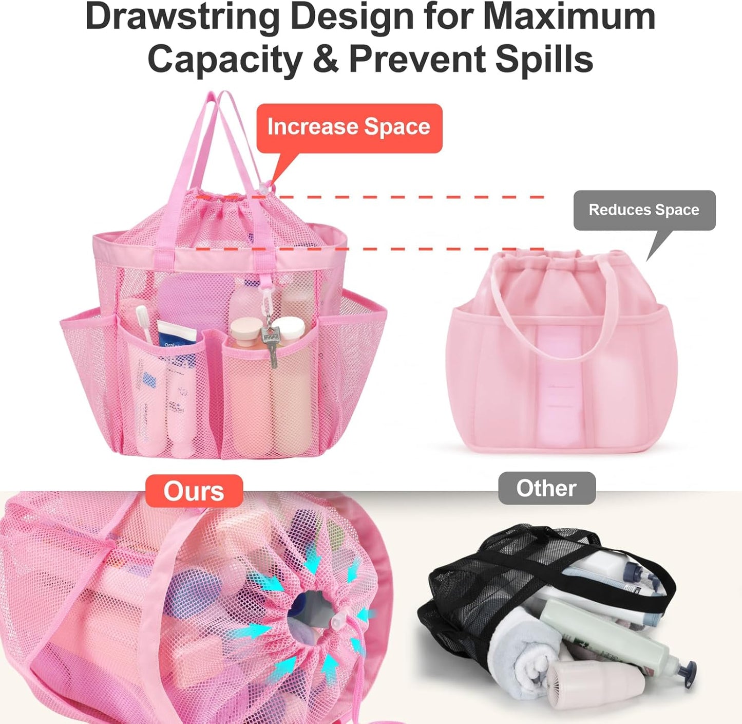 F-color Mesh Shower Caddy Portable with Drawstring - Upgrade Deeper 7 Pockets Dorm Room Essentials for Guys Girls with S Hook, Shower Bag Basket Tote for College Camping Toiletry Bathroom, Pink