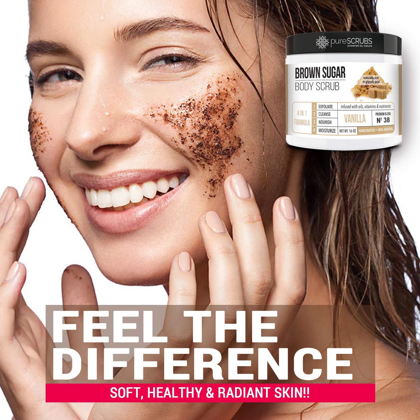 pureSCRUBS Premium Vanilla Brown Sugar Scrub | Face, Feet & Full Body Scrub | Large 16oz Jar Includes Wooden Spoon, Loofah & Mini Exfoliating Bar Soap