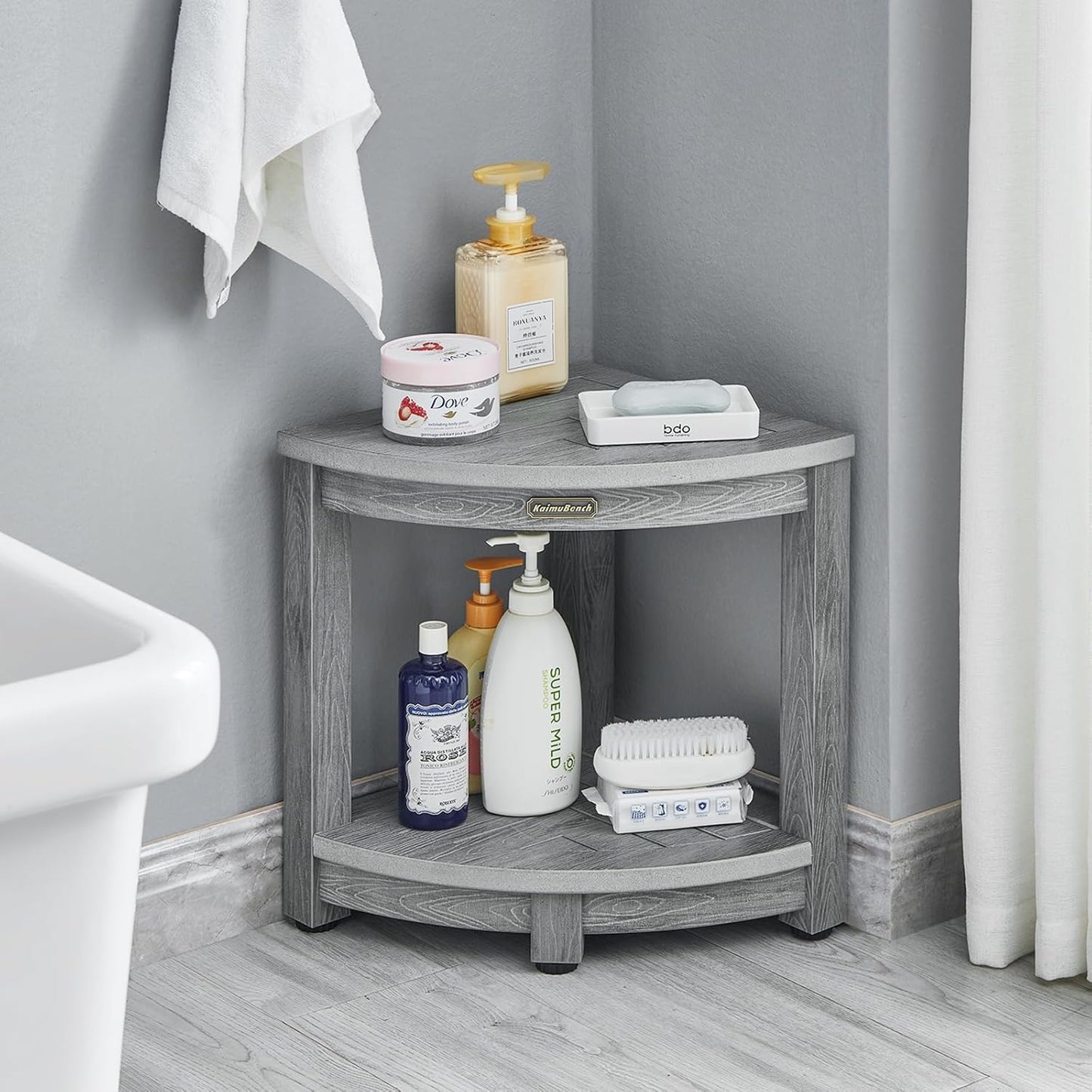 Waterproof Shower Bench for Inside Shower, Gray HDPS Corner Shower Stool for Shaving Legs, Poly Lumber Shower Foot Seat, Plastic Bathroom Shower Bench Seat with Storage Shelf, Non-Slip/No-Maintenance